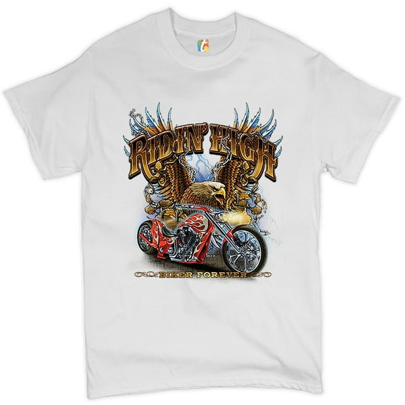 Tee Hunt Ridin' High T-shirt Biker Forever Chopper Rider American Eagle Men's Tee, White, X-Large