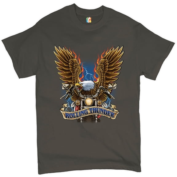 Tee Hunt Rolling Thunder T-Shirt Biker Born to Be Wild Bald Eagle Outlaw Men's Tee, Charcoal, XX-Large