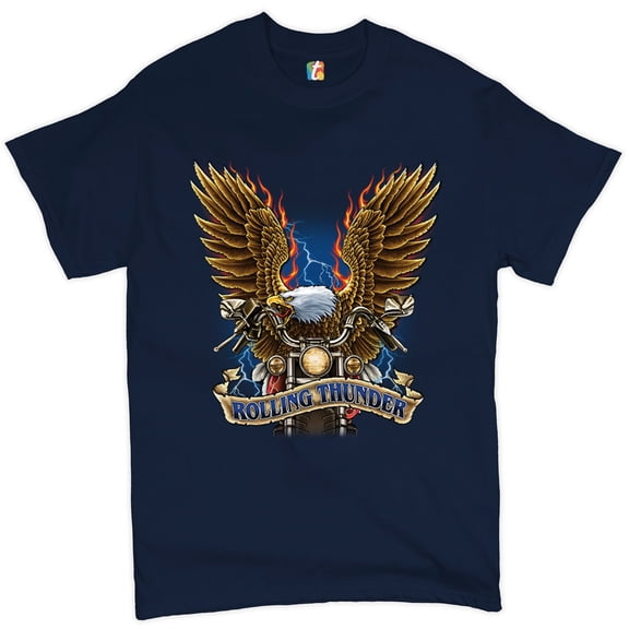 Tee Hunt Rolling Thunder T-Shirt Biker Born to Be Wild Bald Eagle Outlaw Men's Tee, Navy Blue, XX-Large