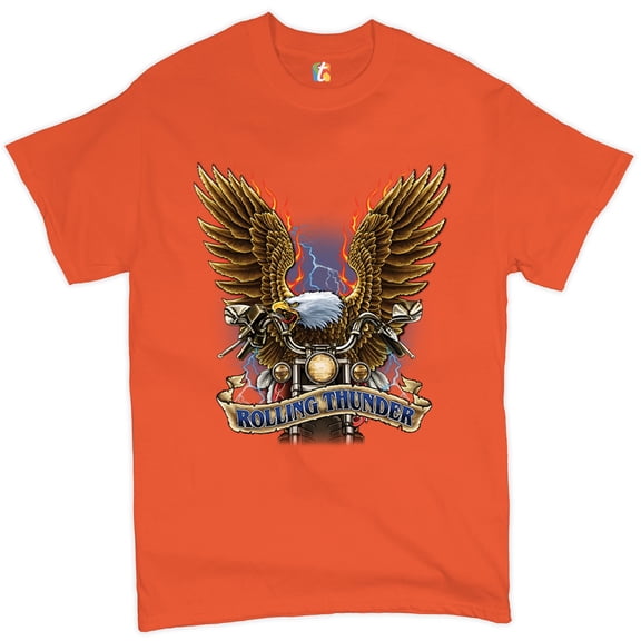 Tee Hunt Rolling Thunder T-Shirt Biker Born to Be Wild Bald Eagle Outlaw Men's Tee, Orange, Medium