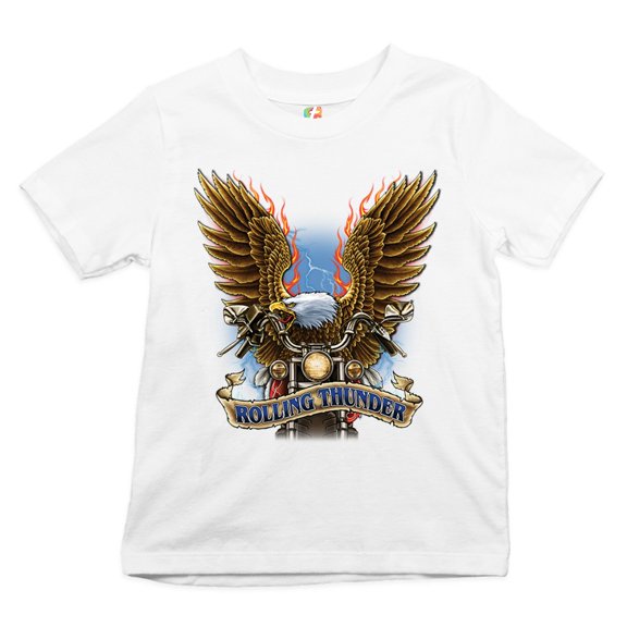 Tee Hunt Rolling Thunder Youth T-Shirt Biker Born to Be Wild Bald Eagle Outlaw Kids, White, Small