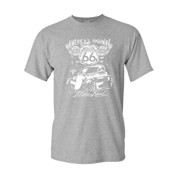 Tee Hunt Route 66 America's Highway T-Shirt Biker Classic Historic Men's Novelty Shirt, Gray, Large