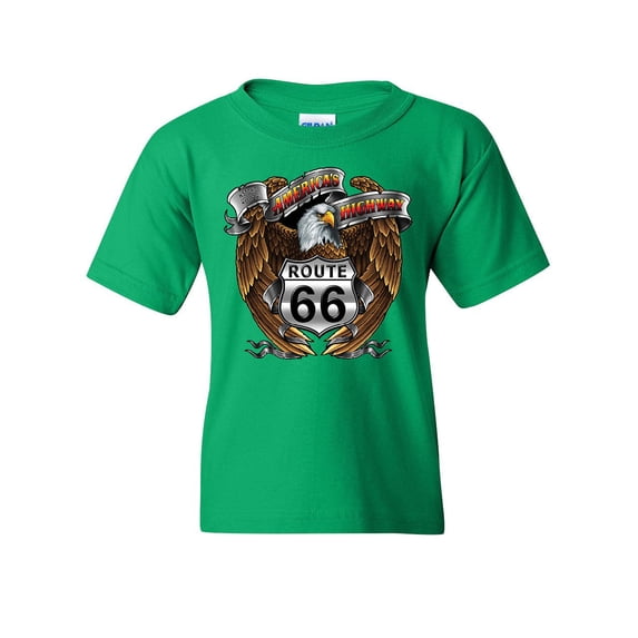 Tee Hunt Route 66 America's Highway Youth T-Shirt Bald Eagle Motorcycle Club Kids Tee, Green, Large