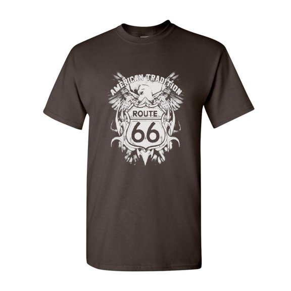 Tee Hunt Route 66 American Tradition T-Shirt Biker Motorcycle Shirt, Brown, X-Large