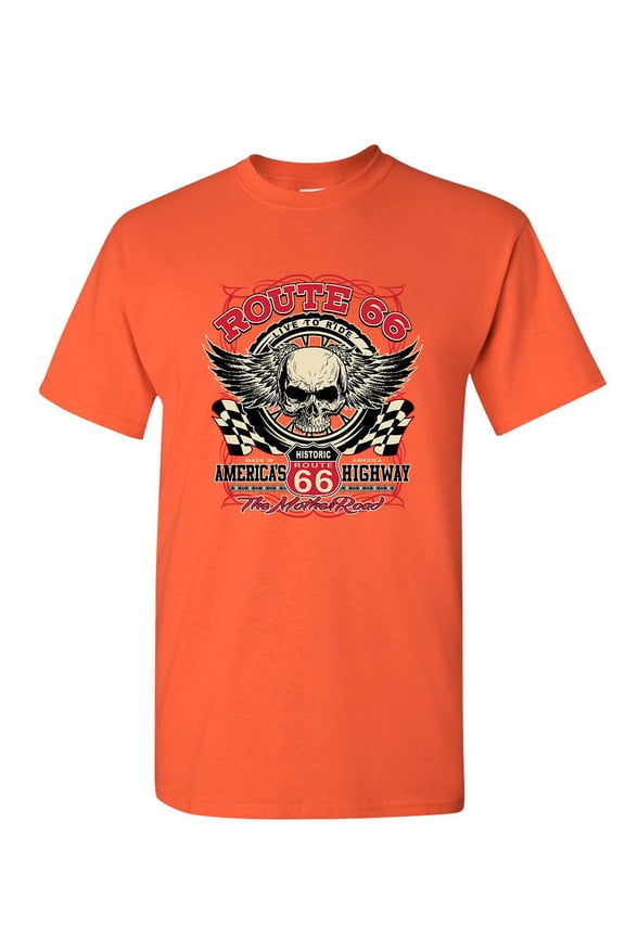 Route 66 The Mother Road T-Shirt Live to Ride America's Highway Mens Shirt, Orange, Large