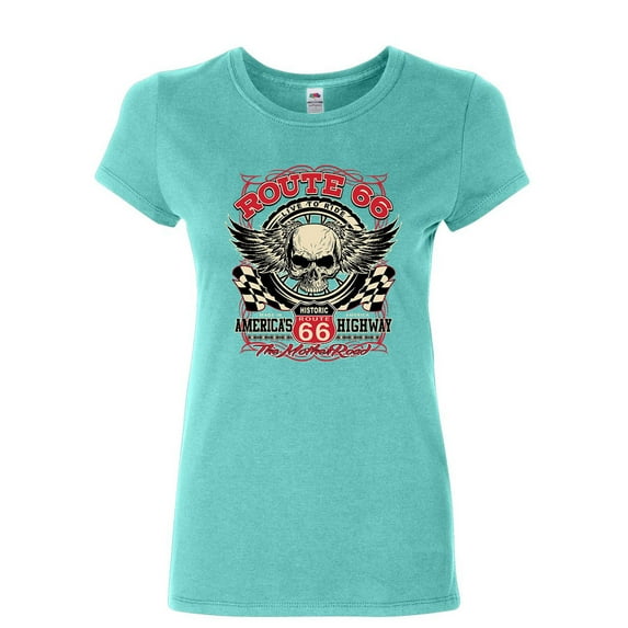 Tee Hunt Route 66 the Mother Road Women's T-Shirt Live to Ride America's Highway Shirt, Light Blue, Small