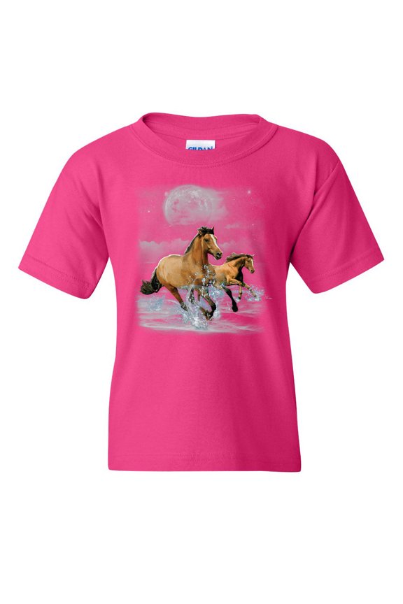 Running Wild Horses Youth T-Shirt Wildlife Mustangs Nature Animals Kids Tee, Pink, Large