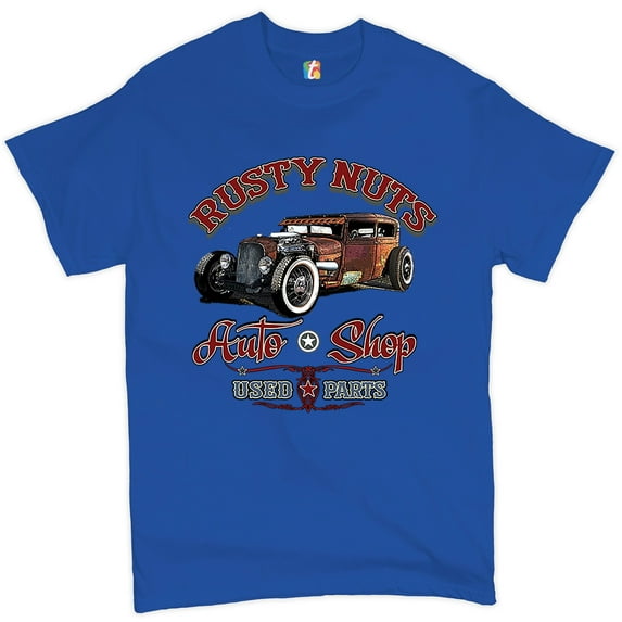 Tee Hunt Rusty Nuts Auto Shop T-shirt Hot Rod Rat Rod Vintage Old School Men's Tee, Blue, X-Large