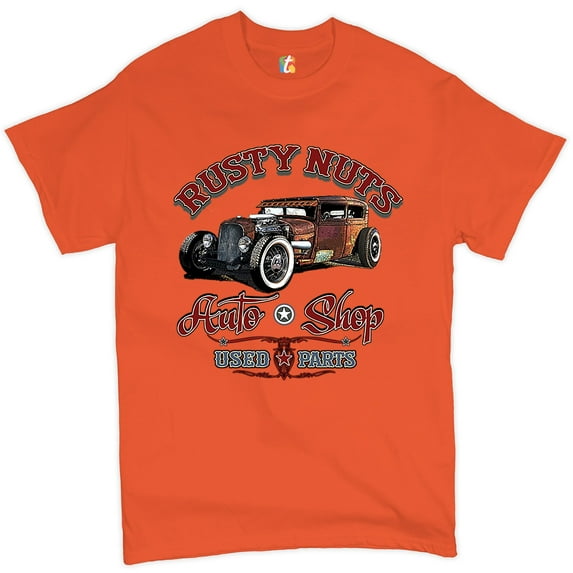 Tee Hunt Rusty Nuts Auto Shop T-shirt Hot Rod Rat Rod Vintage Old School Men's Tee, Orange, Medium