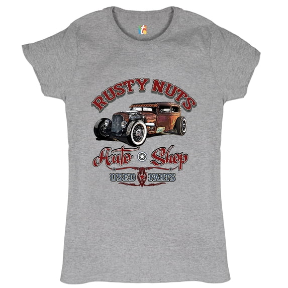 Tee Hunt Rusty Nuts Auto Shop Women's T-Shirt Novelty T-Shirt Vintage Lowrider Rat Rod Tee, Gray, Medium