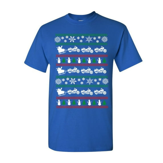 Tee Hunt Santa Biker Christmas T-Shirt Ugly Sweater Style Xmas Funny Men's Novelty Shirt, Blue, 3X-Large