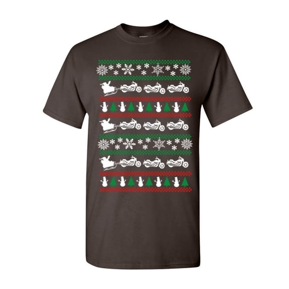 Tee Hunt Santa Biker Christmas T-Shirt Ugly Sweater Style Xmas Funny Men's Novelty Shirt, Brown, 5X-Large