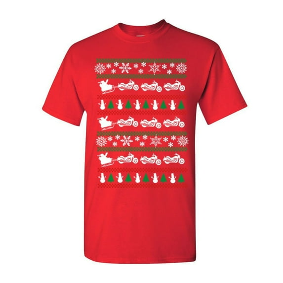 Tee Hunt Santa Biker Christmas T-Shirt Ugly Sweater Style Xmas Funny Men's Novelty Shirt, Red, Medium