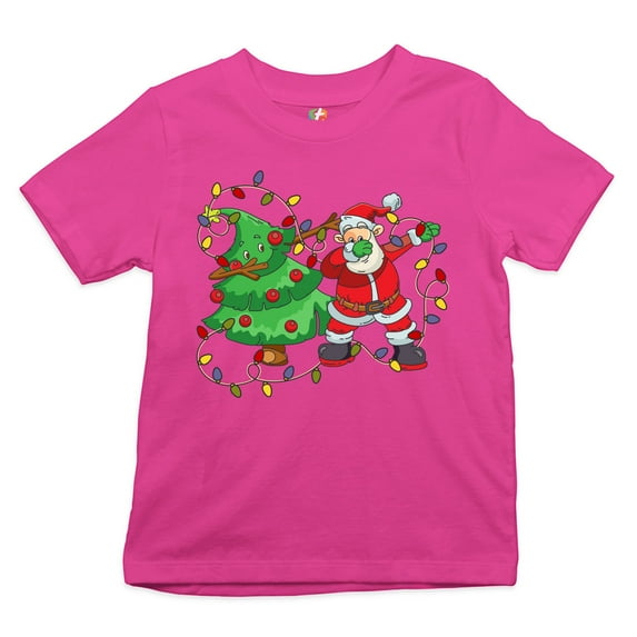 Tee Hunt Santa Claus Dabbing with Christmas Tree Youth T-Shirt Merry and Bright Kids, Pink, Medium
