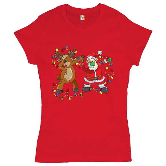 Tee Hunt Santa Claus and Rudolph Dab Dance T-Shirt Merry Christmas Xmas Women's T-Shirt Tee, Red, Large
