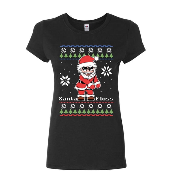Tee Hunt Santa Flossing Ugly Sweater Women's T-Shirt Merry Christmas Floss Xmas Shirt, Black, Large
