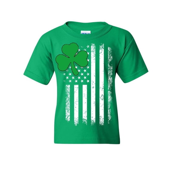 Tee Hunt Shamrock Flag Stars and Stripes Youth T-Shirt Irish St. Patrick's Day Kids Tee, Green, Small