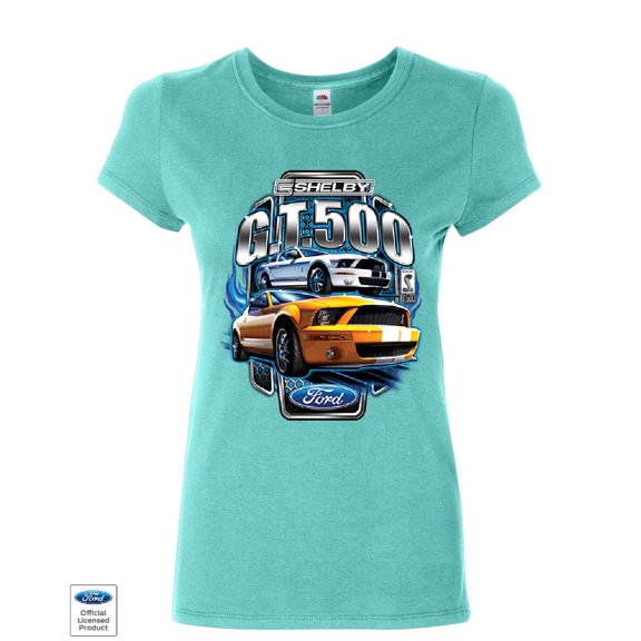 Tee Hunt Shelby GT500 Ford Performance Women's T-Shirt Ford Mustang Cobra Racing Shirt, Light Blue, Small