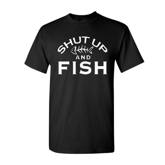 Tee Hunt Shut Up and Fish T-Shirt Funny Bass Salmon Fishing Shirt Salt Water Fisherman Boat Shirt, Black, Medium