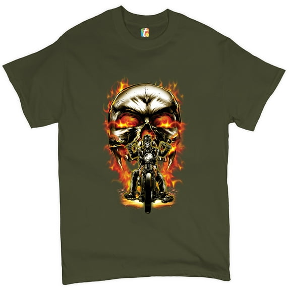 Tee Hunt Skeleton Rider T-shirt Route 66 Chopper Biker From Hell Outlaw Men's Tee, Military Green, X-Large