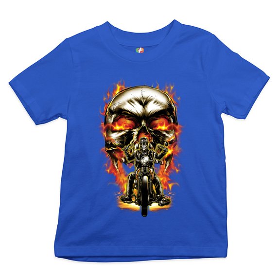 Tee Hunt Skeleton Rider Youth T-Shirt Route 66 Chopper Biker from Hell Outlaw Kids, Blue, Small