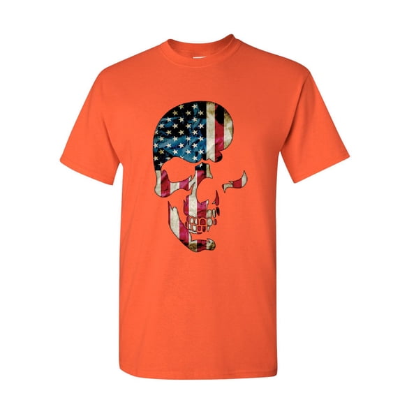 Tee Hunt Skull Americana T-Shirt Patriotic 4th of July Stars and Stripes Mens Shirt, Orange, 3X-Large