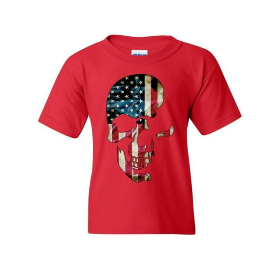 Tee Hunt Skull Americana Youth T-Shirt Patriotic 4th of July Stars and Stripes Kids Tee, Red, Small