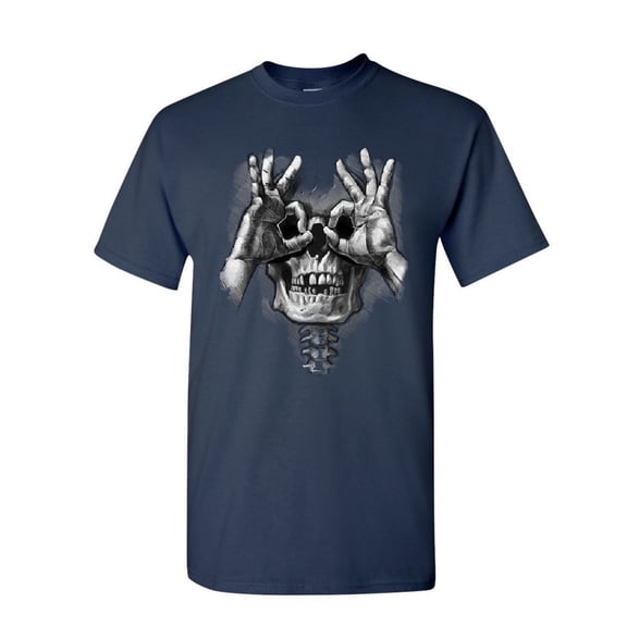 Tee Hunt Skull Face Hand Goggles T-Shirt Funny Dead Eye Staring Skeleton Mens Shirt, Navy Blue, XX-Large