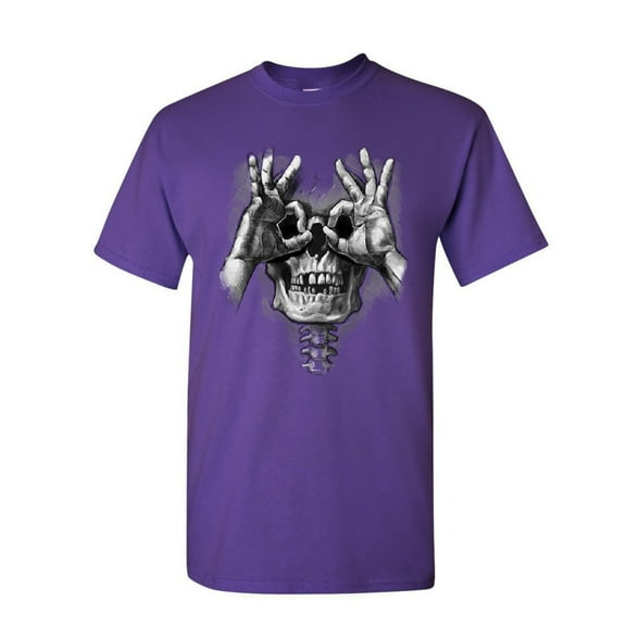 Tee Hunt Skull Face Hand Goggles T-Shirt Funny Dead Eye Staring Skeleton Mens Shirt, Purple, Large