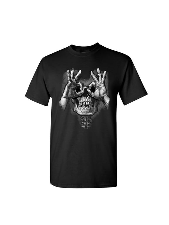 Skull Face Hand Goggles T-Shirt Funny Dead Eye Staring Skeleton Mens Shirt