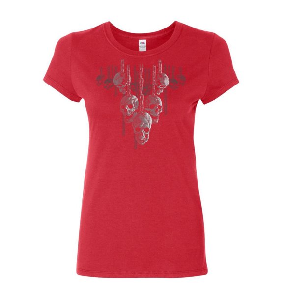 Tee Hunt Skulls Hanging on Chains Women's T-Shirt Death Creepy Scary Hell Devil Shirt, Red, Large