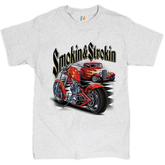 Tee Hunt Smokin & Strokin T-shirt Chopper Biker Hot Rod Live to Ride Men's Tee, Ash Gray, Large