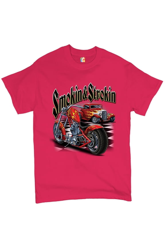 Smokin & Strokin T-shirt Chopper Biker Hot Rod Live to Ride Men's Tee, Hot Pink, Small