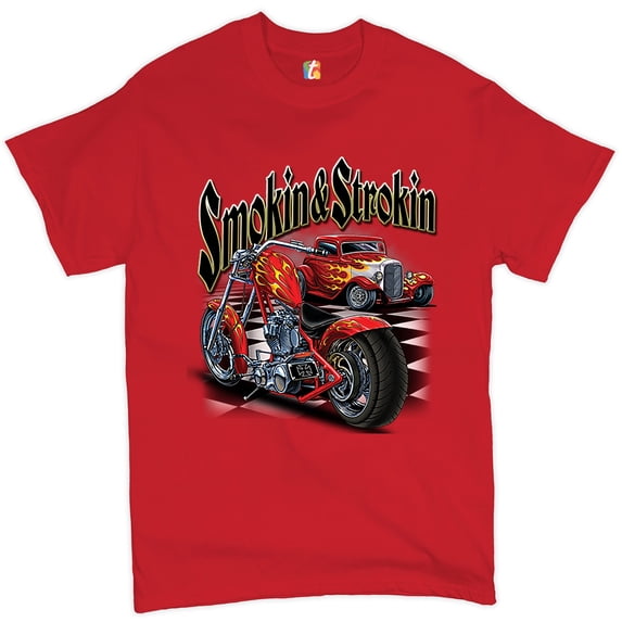 Tee Hunt Smokin & Strokin T-shirt Chopper Biker Hot Rod Live to Ride Men's Tee, Red, X-Large