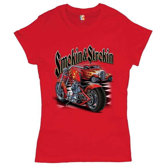Tee Hunt Smokin & Strokin Women's T-Shirt Novelty T-Shirt Chopper Biker Hot Rod Live to Ride Tee, Red, Large