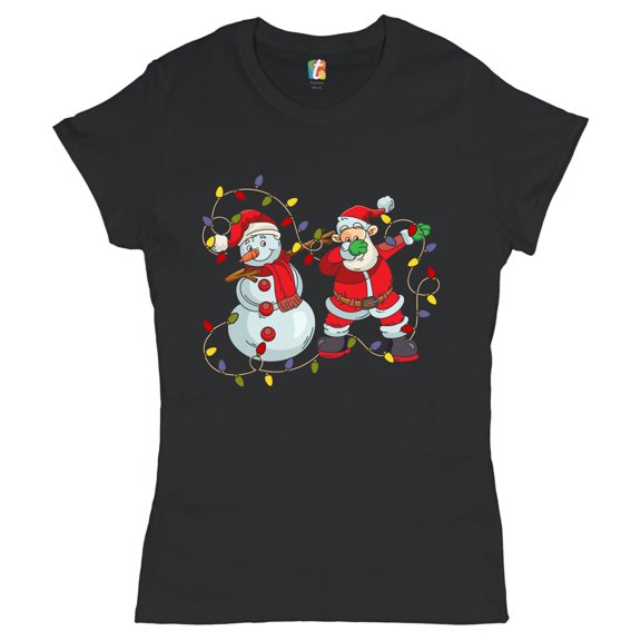 Tee Hunt Snowman Dabbing with Santa Claus T-Shirt Dab Dance Merry Christmas Women's T-Shirt Tee, Black, Medium
