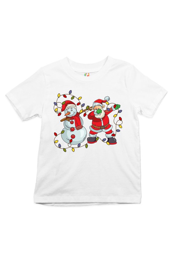 Snowman Dabbing with Santa Claus Youth T-Shirt Dab Dance Merry Christmas Kids, White, Medium