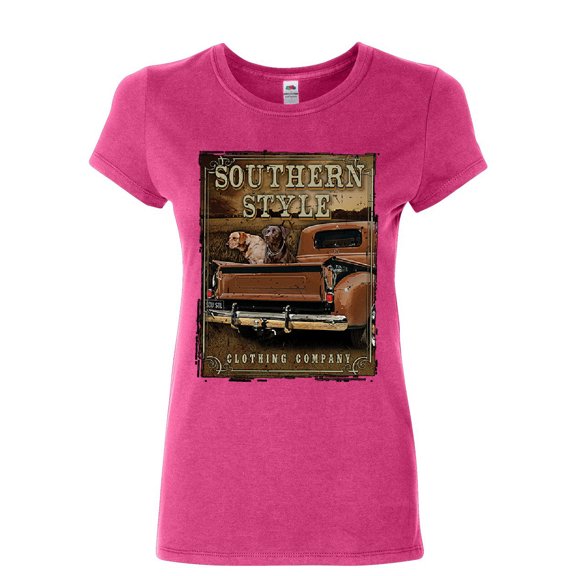 Tee Hunt Southern Style Women's T-Shirt Truck Country Farm Labrador Retriever Shirt, Pink, Medium