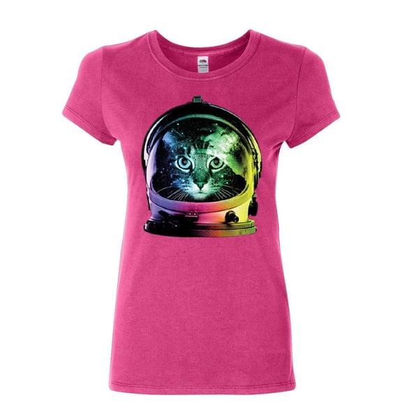 Tee Hunt Space Cat Cotton T-Shirt Astronaut Kitten Neon Galaxy, Pink, Large