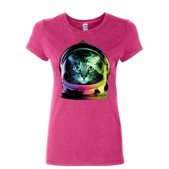 Tee Hunt Space Cat Cotton T-Shirt Astronaut Kitten Neon Galaxy, Pink, Medium