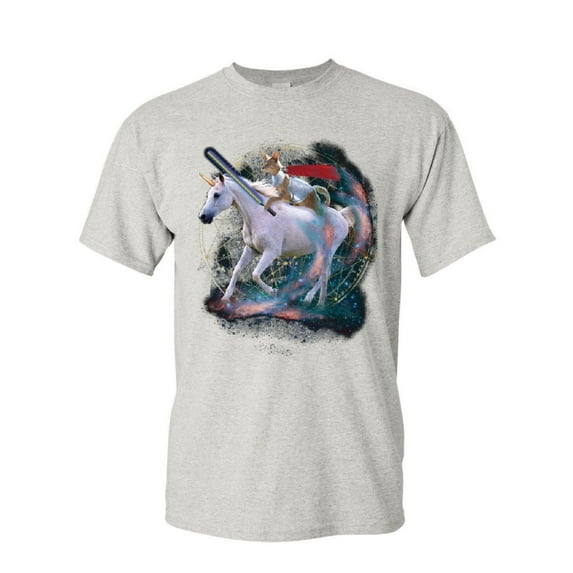 Tee Hunt Space Cat Riding a Unicorn with a Saber T-Shirt Weird Universe Mens Shirt, Ash Gray, 5X-Large