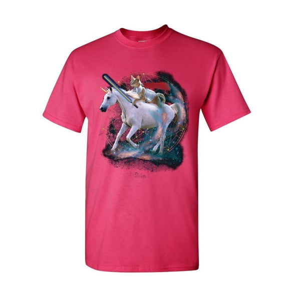 Tee Hunt Space Cat Riding a Unicorn with a Saber T-Shirt Weird Universe Mens Shirt, Hot Pink, Large