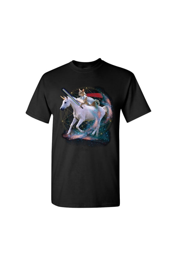 Space Cat Riding a Unicorn with a Saber T-Shirt Weird Universe Mens Shirt