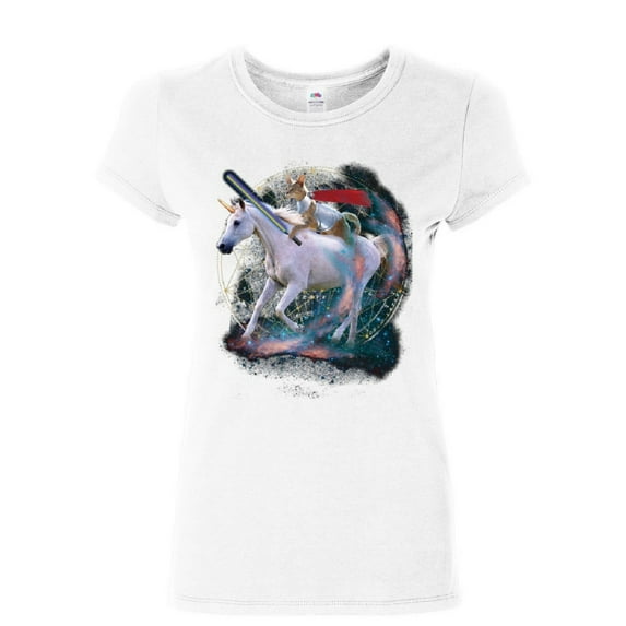 Tee Hunt Space Cat Riding a Unicorn with a Saber Women's T-Shirt Weird Universe Shirt, White, 3X-Large