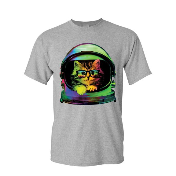 Tee Hunt Space Cat T-Shirt Astronaut Galaxy Cat Cute Kitten Pet Lovers Mens Shirt, Gray, Large