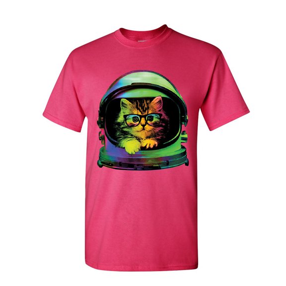 Tee Hunt Space Cat T-Shirt Astronaut Galaxy Cat Cute Kitten Pet Lovers Mens Shirt, Hot Pink, Medium