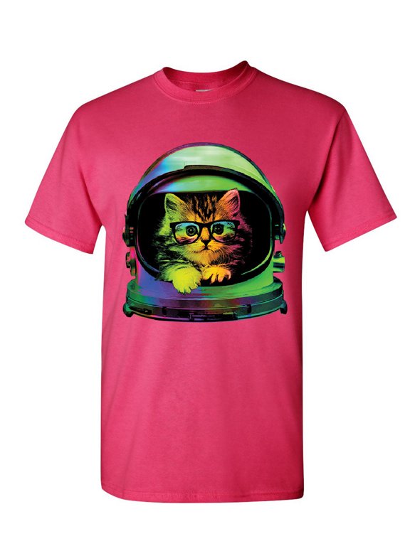 Space Cat T-Shirt Astronaut Galaxy Cat Cute Kitten Pet Lovers Mens Shirt, Hot Pink, Medium