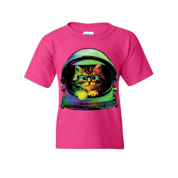 Tee Hunt Space Cat Youth T-Shirt Astronaut Galaxy Cat Cute Kitten Pet Lovers Kids Tee, Pink, Large