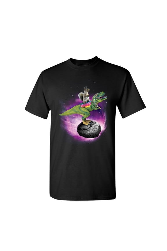Squirrel Riding T-Rex Riding Asteroid T-Shirt Funny Space Weird Mens Shirt, Black, X-Large