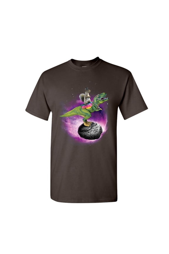 Squirrel Riding T-Rex Riding Asteroid T-Shirt Funny Space Weird Mens Shirt, Brown, Small